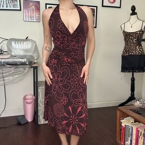Floral Halter Neck Dress - Red and Black